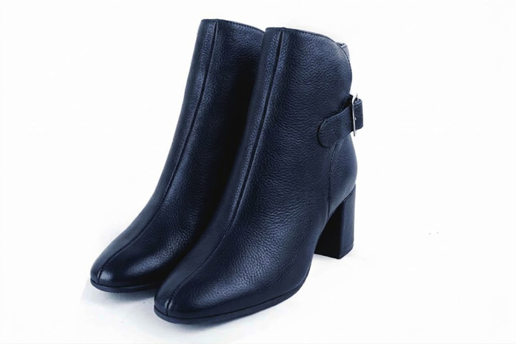 Women's navy blue back-buckle ankle boots with round toe and mid block heel - Front view
